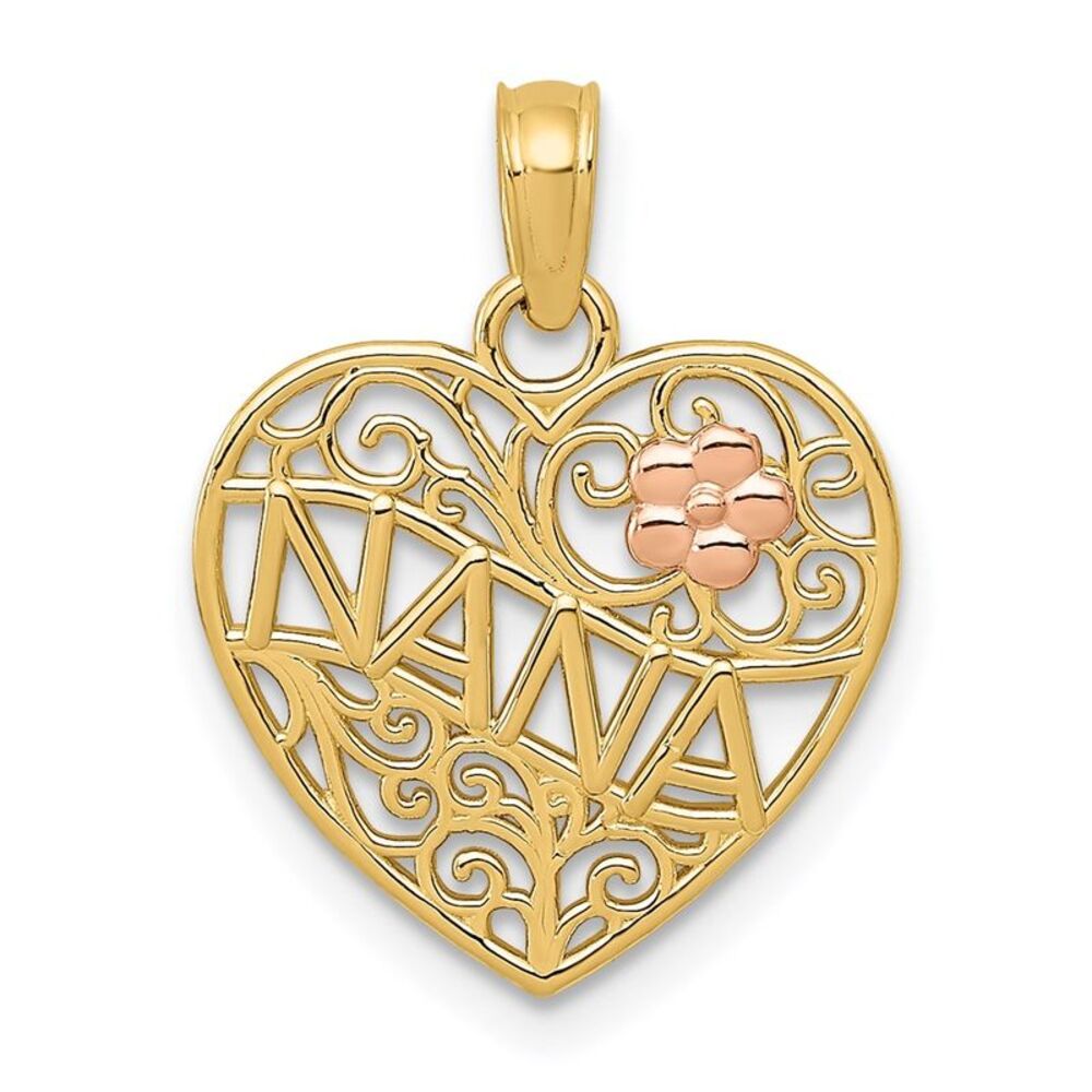14k Two Tone Gold Nana with Flower On Heart Pendant, 15mm